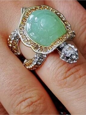 NWT Mint Green Carved Stone Ring with Gold and Silver Accents, Multiple Sizes